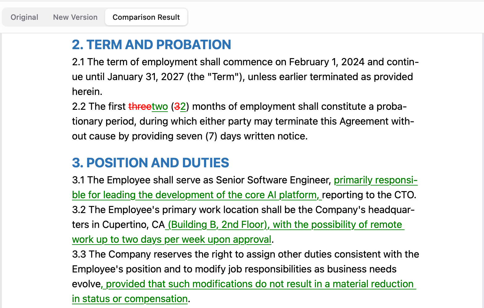 Compared contract with visible insertions and deletions