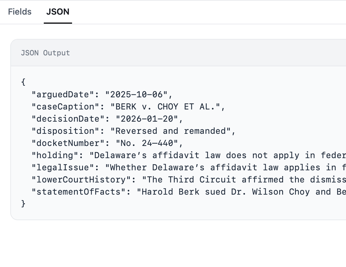 Extracted key information in JSON view